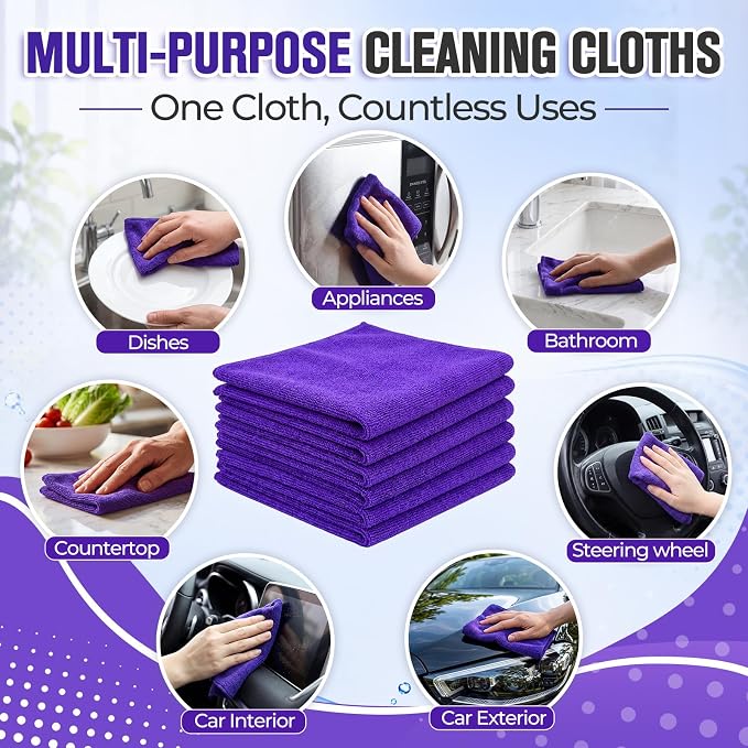 Nuenen Microfiber Cleaning Cloths for Cars Ultra Absorbent Car Towels Drying Reusable Cleaning Supplies House Kitchen Window Microfiber Towel (12 x 12 Inch, Purple, 60 Pcs)