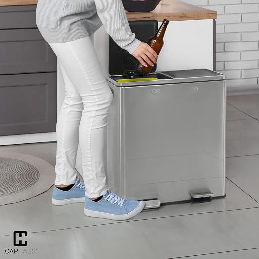 CAPHAUS Dual Trash Can with Double Lid, Trash and Recycle Bins Combo, Hands-free Stainless-Steel Garbage Can for Kitchen, with 2 Compartment, Hinged Lid, Odor Filters, Handles, 25L+25L, 2 x 6.6 Gallon