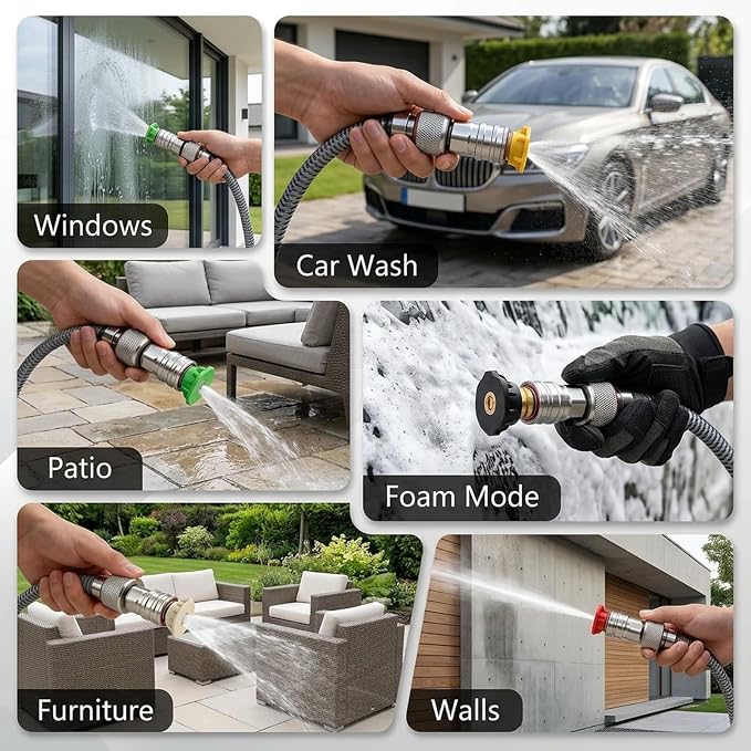 Garden Hose to Mini Power Washer Adapter, 3/4" GHT to 1/4" Quick Connect Stainless Steel Connector, Convert Water Hose to Pressure Washer Attachment for Cleaning (Connector + 5 Nozzle Set)