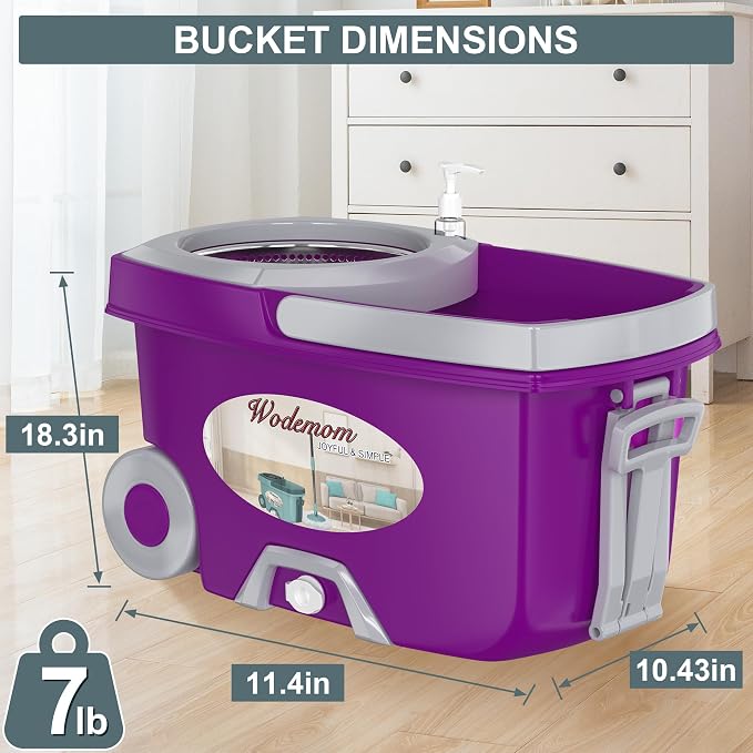 Traditional Large Spin Mop and Bucket, 2 Gal Capacity, Purple | 2 Rolling Wheels, Pull Handle, 61-Inch Handle, 6 Mop Heads, Easy Wringing, For Family Homes, Hardwood, Laminate & Tile Floors