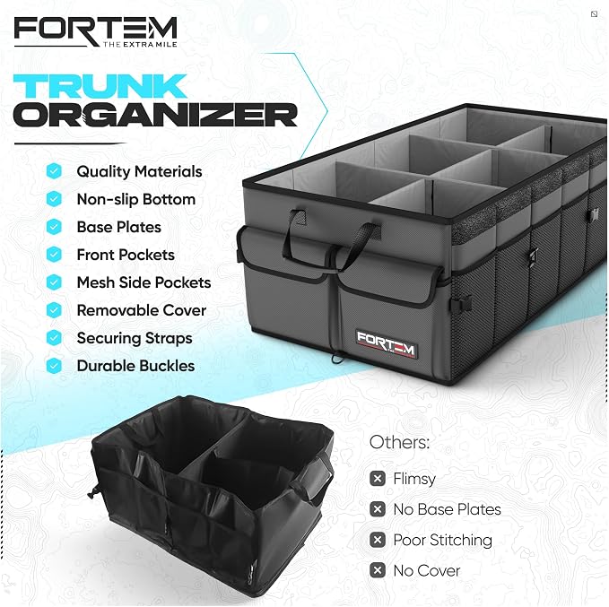 FORTEM Trunk Organizer - Foldable Car Organizer & Storage for SUVs & Trucks | Car Accessories for Men Women, Collapsible Bag, Non Slip Bottom, Straps, Soft Cover, 600D Oxford, Grey, 6 Compartments, 85L