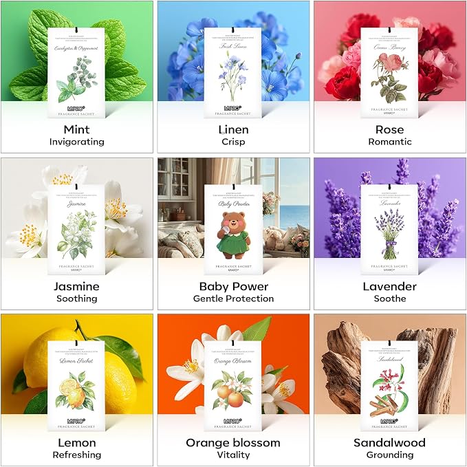 MYARO 12 Pack Baby Powder Scented Sachets, Closet Deodorizer Car Freshener | Long-Lasting Sachet Bag, Odor Eliminator for Closet, Drawer, Bathroom, Clothes, Fabric Refresher, Home Fragrance Gift Set