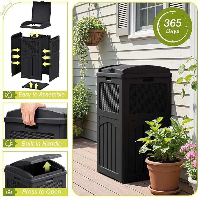 Greesum 33 Gallon Outdoor Trash Can with Lid (2-Pack), Dark Black | Heavy Duty Resin Garbage Bin, Waterproof & UV Resistant for Patio, Garden, Deck, Yard
