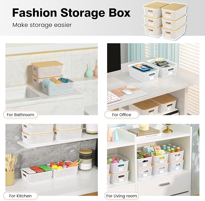 Ohmlove 6 Pack Plastic Storage Baskets with Bamboo Lids for Organization | Stackable Storage bins, Storages Baskets for Organizing Shelves Drawers Desktop Closet Playroom Classroom Office, Cream White