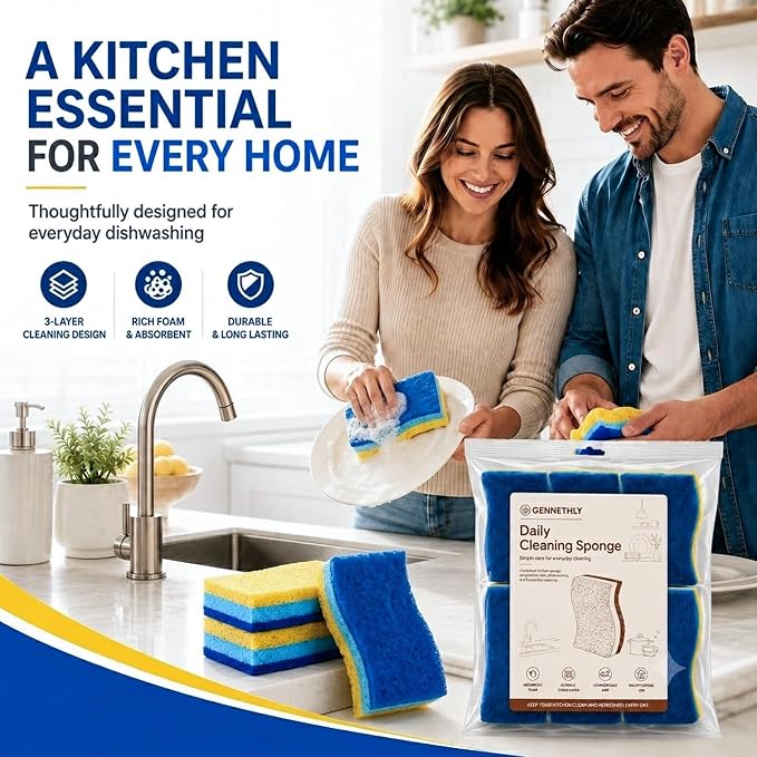 12 PCS Sponges Kitchen, Non Scratch Scrub Sponges for Washing Dishes, Blue | 3-Layer Kitchen Sponge, Dual-Sided Cleaning, Rich Suds Fast, Easy-Grip Design, Easy Rinse & Quick Clean