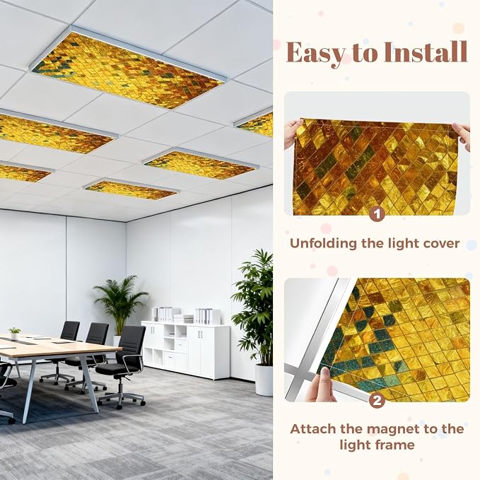 4 Pack Fluorescent Light Covers for Ceiling Lights Golden Glass Decorative Magnetic Light Cover Light Filters for Classroom Office Home