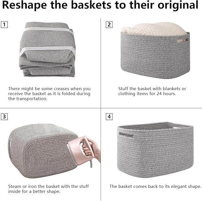 OIAHOMY 4 Pack Storage Baskets for Organizing 24L Cube Storage Bins Grey | Woven Baskets for Storage Rectangle Small Baskets With Handles Baskets for Shelves Wicker Baskets for Shelves 16x12x8inch