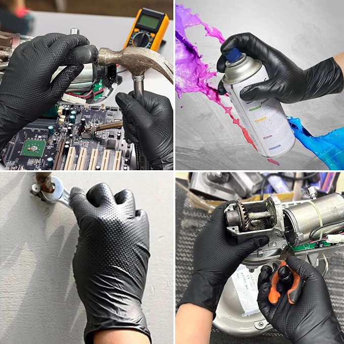 TitanFlex Heavy Duty Black Industrial Nitrile Gloves with Raised Diamond Texture, Latex Free 8mil
