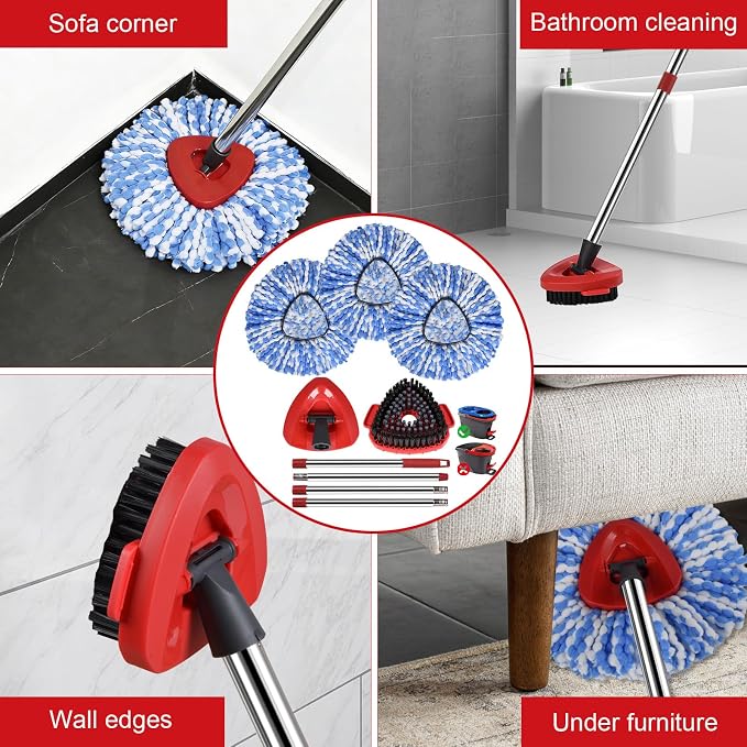 Spin Mop Replacement Head Set for O Ceda Mop RinseClean 2-Tank System | Include 3 Pack Mops Heads Replacements + Scrub Brush + 30-58" Handle & Base, Microfiber Mops Head Floor Mop Refill Kit