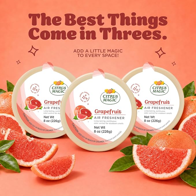 Citrus Magic Solid Air Fresheners, Grapefruit, 8 Ounce, Pack of 3 | Odor Absorbing, Passive Diffusion, Odor Elimination Up to 4 Weeks Each, Ideal for Home
