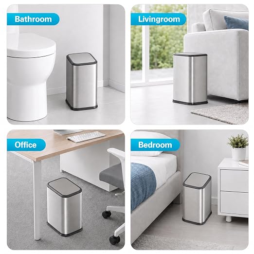 2.1 Gal Slim Bathroom Trash Can with Swing Lid, Rustproof Stainless Steel Small Garbage Can for Narrow Spaces & Toilet Side, Dog Proof Odor Control Waste Basket for Bedroom/Office, Silver