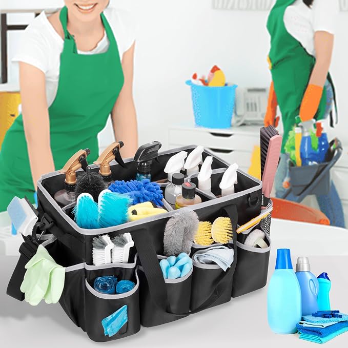 HODRANT Extra-large Wearable Cleaning Caddy with Pad, Handle & Divider | Cleaning Organizer Bag for Clean Products, Housekeeper Tote Car Wash Tools Bag for Detailing Supplies, Bag Only, Gray Edge