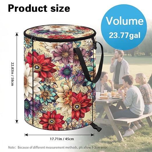 BIGCARJOB Boho Floral Large Trash Can with Lids, Camping Trash Can Collapsible Garbage Cans Water Resistant Garbage Bin Storage Holder for Outside, 22.83x17.71 in