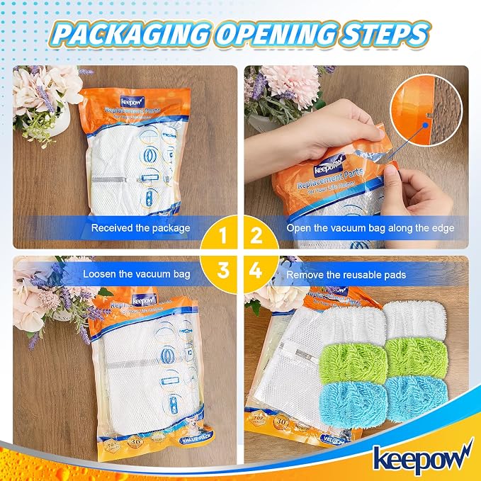KEEPOW 6 Pack Reusable Microfiber Mop Pads Compatible with Swiffer Sweeper | Chenille, Multi-Color (2 White, 2 Green, 2 Blue) Dry Wet Mopping Refills, Bonus Laundry Bag