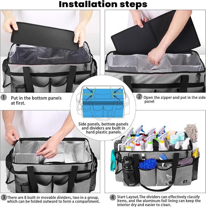 Extra large Cleaning Caddy Bag Built-in hard plastic Aluminum foil lining | Waterproof nylon, aluminum foil lining, quick-drain PVC mesh bottom, for housekeepers