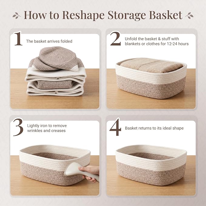 Storage Baskets for Shelves, 5 Pack, 2 Sizes Organizer Bins | Woven Cotton Rope Baskets, 3 Large + 2 Small Shallow Storage Bins for Nursery, Closet, Toys, Bathroom & Changing Table