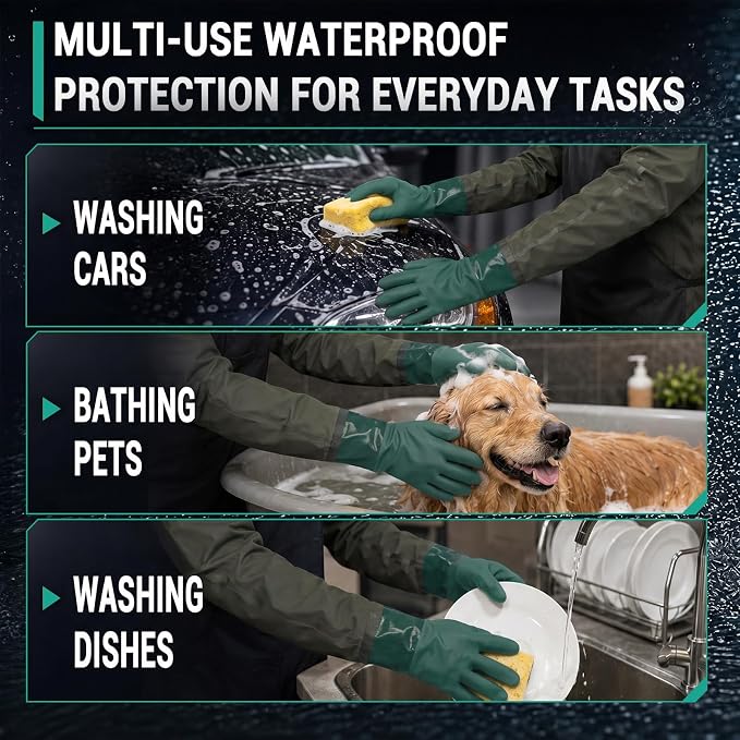 2 Pairs Aquarium Gloves Heavy Duty - 27.5 inch Waterproof Oil Resistant Anti-Slip Moisture-Wicking Elbow Length Gloves for Cleaning Pond Pet Fishing Garden Machinery Industry, Dark Green