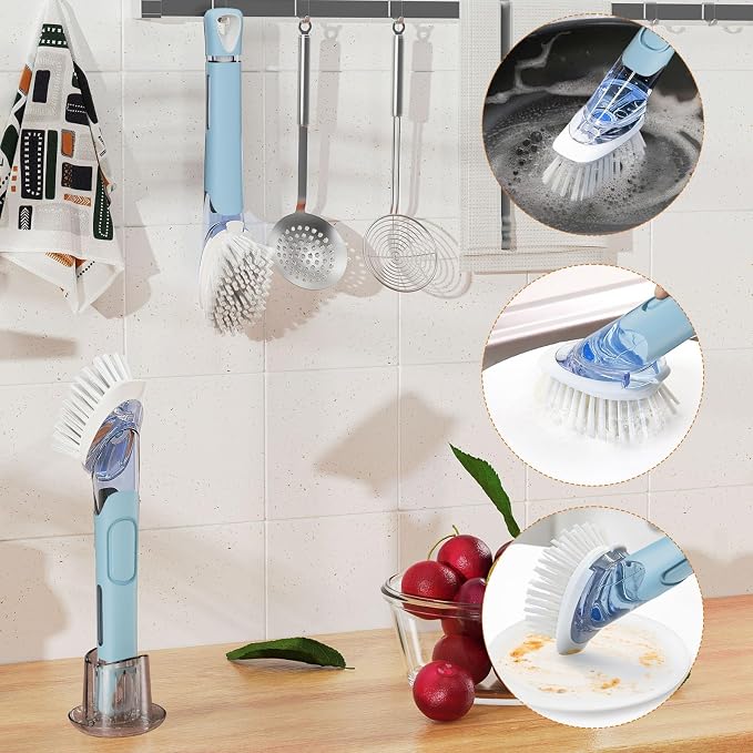 RIMAY Soap Dispensing Dish Brush Dish Scrubber with Soap Dispenser Handle | Dish Soap Brush and Dish Wand Heavy Duty Kitchen Cleaning Scraper Non-Scratch Scrubs Dishes, Pans, Sink, and Pots, Blue