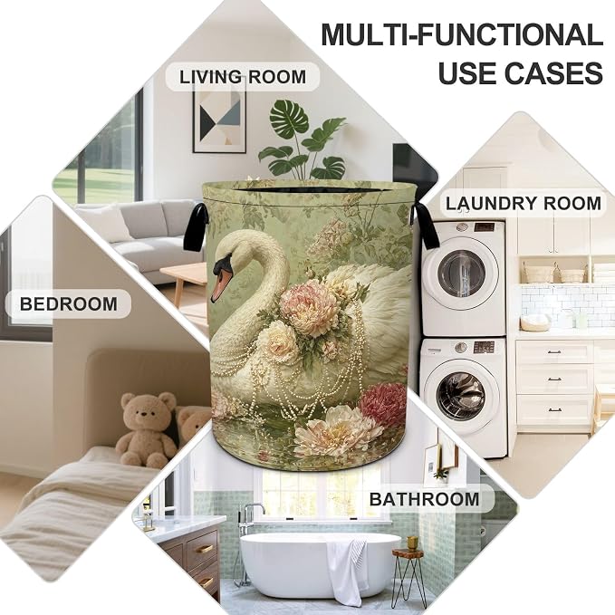 Swan Laundry Basket Foldable Oxford Laundry Hamper With Handle For Room Bathroom Bedroom