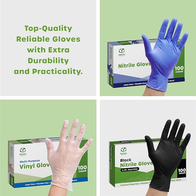 Comfy Package Synthetic Vinyl Blend Disposable Plastic Gloves Non-Sterile, Powder & Latex Free