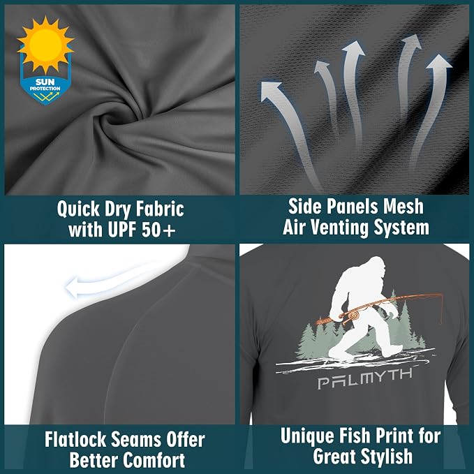 Palmyth Men's Fishing Hoodie UPF 50+ Long Sleeve with Face Mask Neck Gaiter | Zipper Pocket, Thumb Loops, Quick-Dry, Side Mesh Panels, Lens Cleaning Cloth
