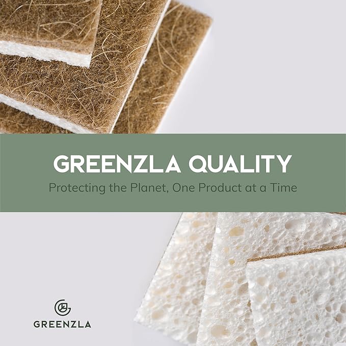 GREENZLA 6 Pack Kitchen Sponges | Non-Scratch Hemp & Sisal | Dual-sided: scrubbing + absorbent cellulose | Odor-resistant | Biodegradable | Dishes, sinks & bathtubs
