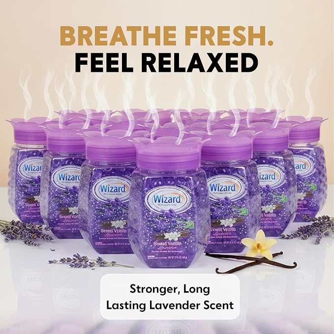 WIZARD Odor Eliminator Gel Beads - 12 oz, Pack of 12 - Air Freshners For Bathroom. Rooms, Per Areas and Car Freshner (VANILLA LAVENDER)