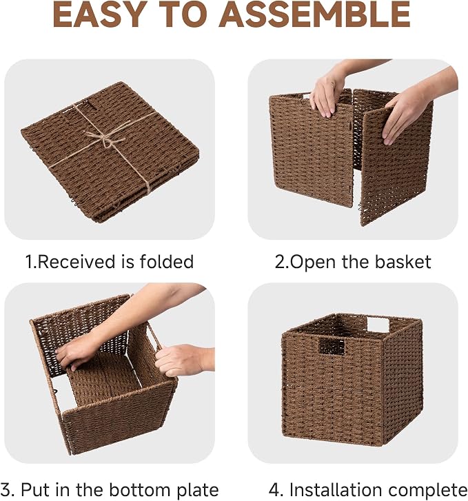 StorageWorks 13 inch Cube Storage Bins, Wicker Baskets for Storage, Brown | 2-Pack, Foldable Square Baskets, Wicker Storage Baskets for Organizing, Paper Rope Square Storage Cubes, Cube Storage Bins