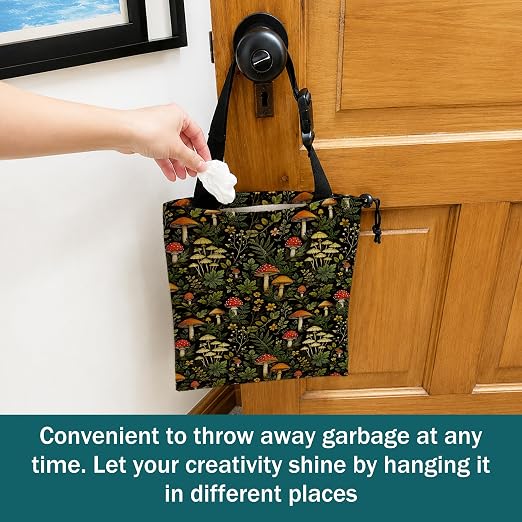 Cottagecore Mushroom Car Trash Bag Hanging for Back Seat | Rustic Forest Plant Floral Canvas Drawstring Car Garbage Bag with Adjustable Buckle Vehicle Trash Can