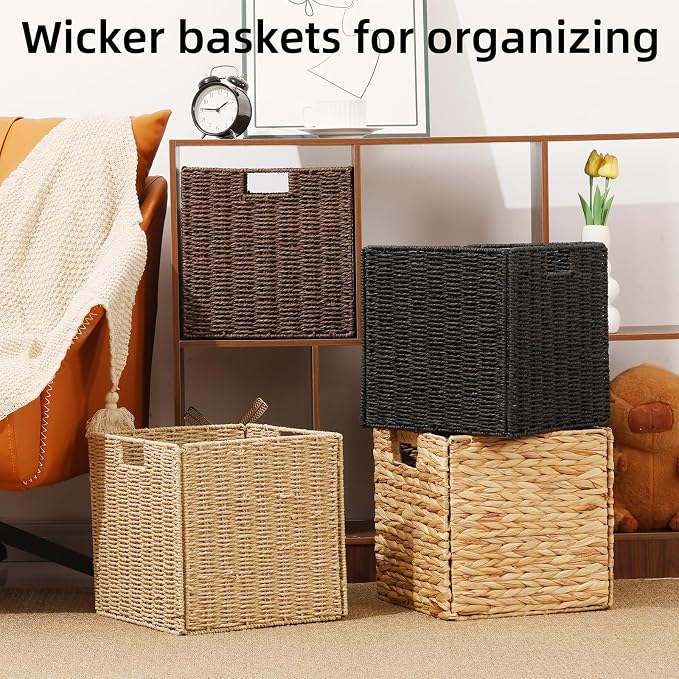 12x12x12in Wicker Storage Baskets for Shelves, Set of 2 Hand-Woven Paper Rope Wicker Basket,Foldable Cube Storage Bins, Natural Color Storage Cubes, Square Baskets for Organizing Decor