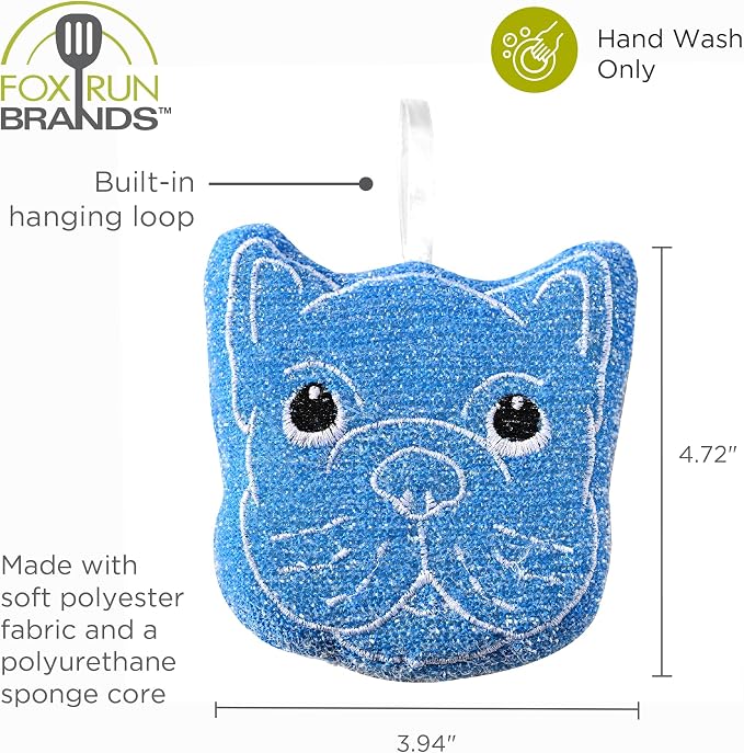 Fox Run Bulldog Kitchen Scrubber Set, Multicolor Pack of 3 Dog Sponges, 4" | Easily Clean Plates, Pots & Glasses | Dish Sponges For Nonstick Pans | Cute Kitchen Décor | Reusable Dog Scrub Sponge Set
