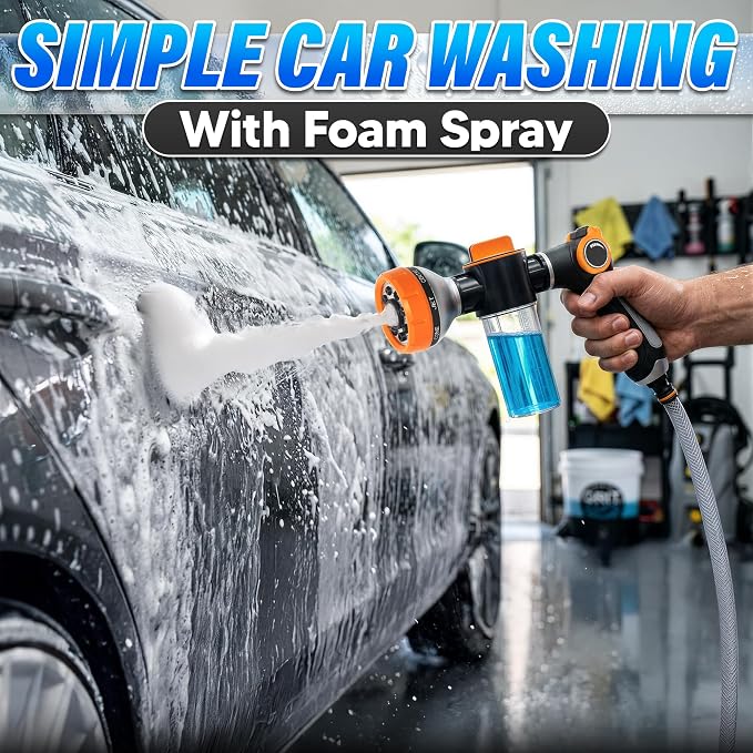 Car Wash Sprayer and Nozzle with Soap Dispenser, 3.5 oz Foam Tank (Orange) | Hose Attachment for Car, Truck, and Dog Washing, Foam Control Dial, 8 Spray Patterns, Fits 3/4 In Hose, ABS Body, 2 O-Rings