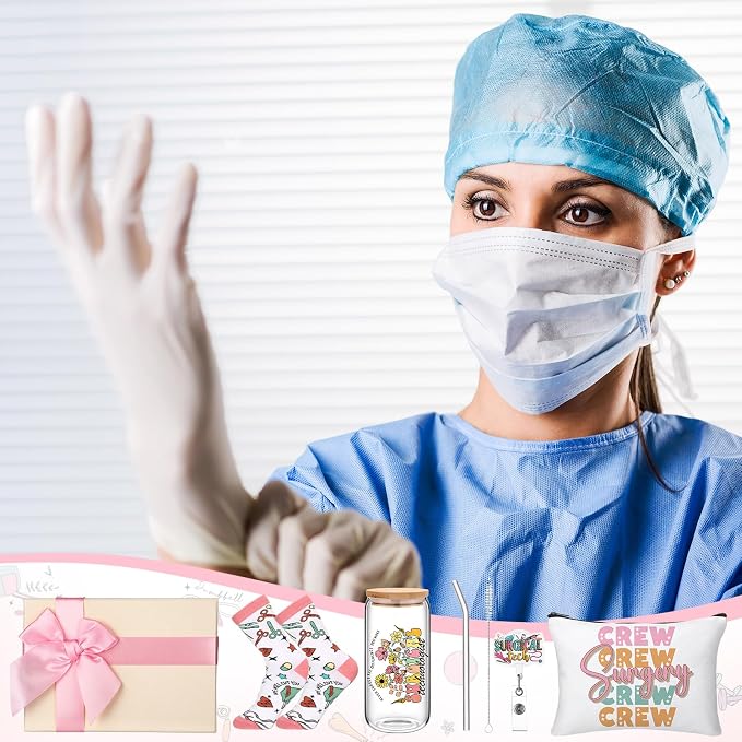 Skylety 5 Pcs Surgical Tech Gifts Set for Women | 16oz Glass Cup Sock Cosmetic Bag Badge Holder, Doctor Staff Surgical Technologist Appreciation Gift Box Accessories Stuff