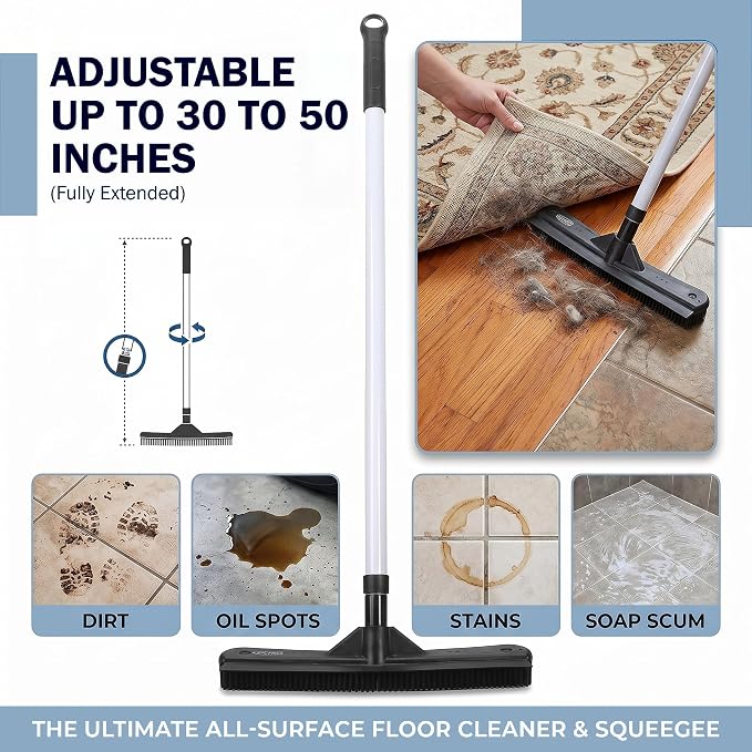 ForPro Premium FurBeGone Rubber Broom, Pet Hair Remover for All Floor Types, 12” Electrostatic Rubber Bristles, 50” Adjustable Telescopic Handle, Heavy Duty Floor & Salon Hair Broom