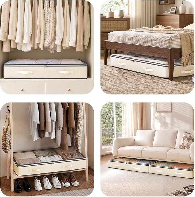Budding Joy 95L Underbed Storage Containers, 4 Pack Closet Organizers Beige | Underbed Storage Bags for Blankets, Towels, Comforter, Sweaters, Linen Sheets, Wrapping Paper