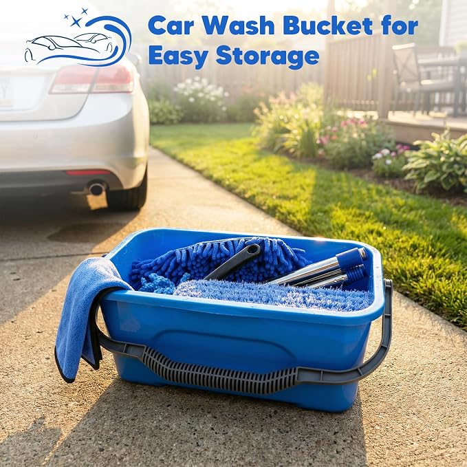 PIMEKOY 17Pcs Car Wash Kit with Bucket for Washing Exterior & Interior Cars | Professional Car Cleaning Kit, 62" Long Handle Car Wash Brush, Mop, Mitt, Duster, Wheel Brush, Detailing Brushes for RV Truck