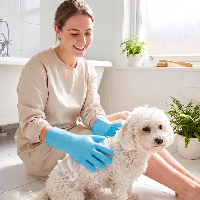 Silicone Dish Washing Gloves with Scrubber, High-Density Teeth For Scrub | Dog & Cat Grooming Mitts, Non-Slip, Safe For Dishes & Pets, Food-Grade, Easy Rinse & Hang, 12.2" × 6.3 - Blue