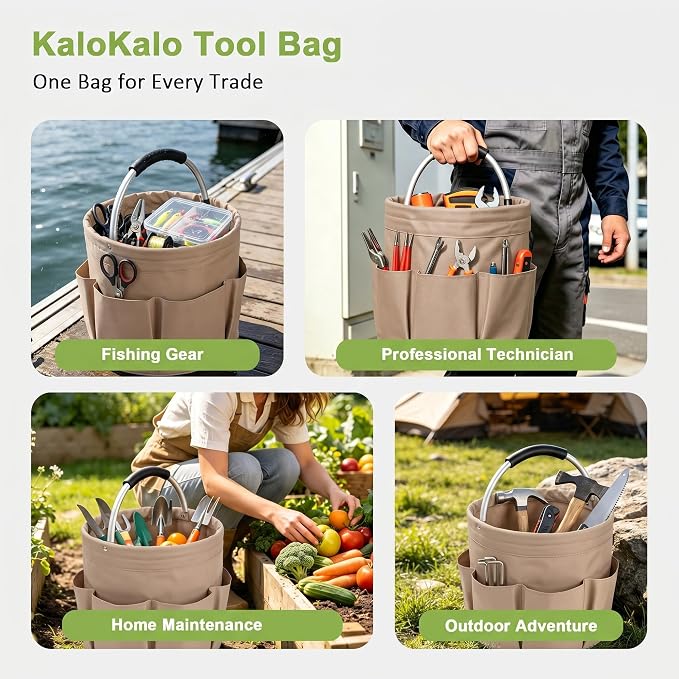 Cleaning Supply Caddy, 17L Foldable Cleaning Caddy with Handle and 6 Pockets, 600D Oxford Fabric Portable Shower Caddy, Bucket Bag for Cleaning Products, Camping, Khaki