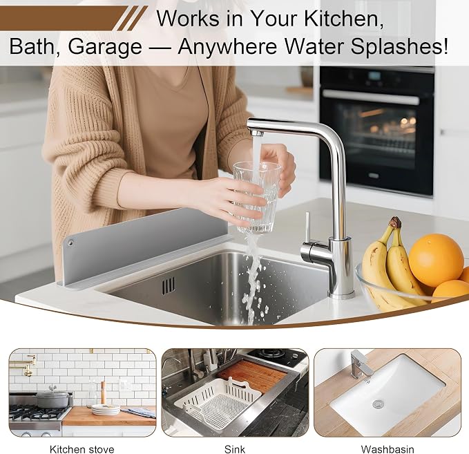Mofason Silicone Sink Splash Guard for Kitchen Sink Water Splash Guard Grey | 17.3"x4.1" in splash guard for kitchen counter sink area behind faucet with suction cup, sink backsplash guard for front edge