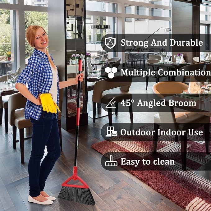 Heavy Duty Red Angle Broom with Long Handle - 4 Pack | Versatile Indoor/Outdoor Sweeping, for Courtyard/Garage/Sidewalk/Kitchen/Lobby/Canteen, Durable & Efficient