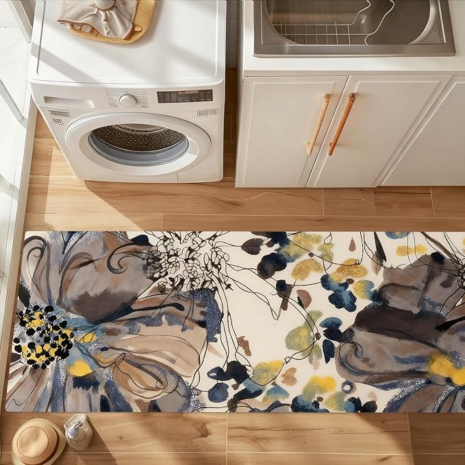 ANNA QUEEN Vintage Watercolor Floral Laundry Room Rug Runner 20x47 Inch -Waterproof Non-Slip Floor Mat for Front Load Washer Dryer,Elegant French Country Decor,Machine Washable