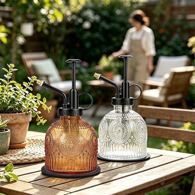 Glass Plant Mister Spray Bottle Vintage Refill Leak Proof Watering Can 8oz | for Indoor Plants, Houseplants, Gardening, Cleaning, Hair & Pet Care with Mist Nozzle (Clear-black Pump)