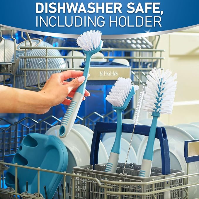 Dish Brush Set of 5 with Convenient Holder, Bottle Water Brush, Dish Scrub Brush, Scrubber Brush and Straw Brush - Kitchen Scrub Brushes Non Slip Long Handle for Sink Dishes Cup Pot