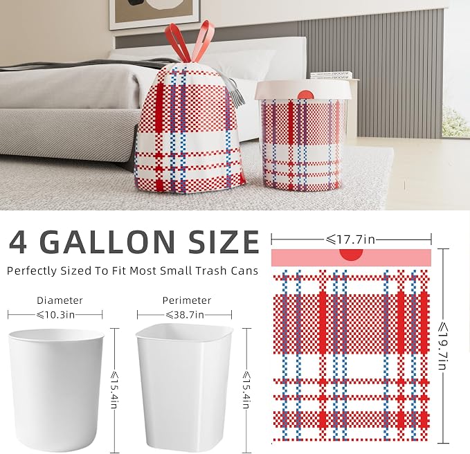 4 Gallon Trash Bags, Small Garbage Bags with Drawstring and Printed Striped Design, Tear-Free, Leakproof & Durable Small Trash Bags for Bathroom, Office, 50 Count