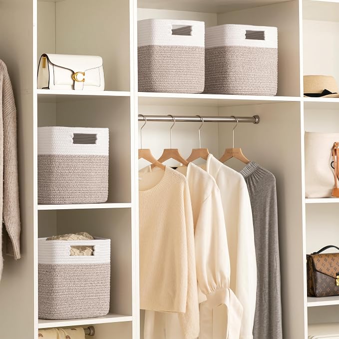 Dreamcountry 13x13 Cube Storage Bins, Storage Cubes with Handles, 4 Pack Cotton Rope Basket for Shelves, Cube Storage Organizer forToys, Book, Clothes, Home, Office, Nursery, White/Brown