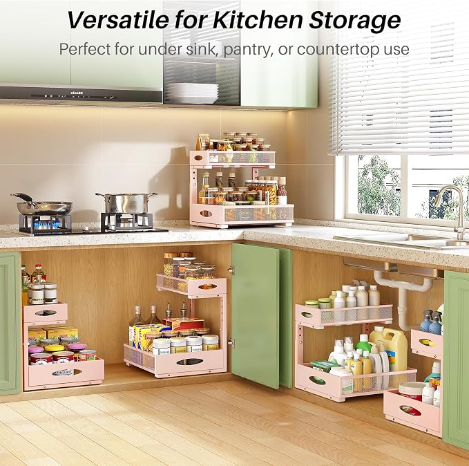 Under Sink Organizer, 1-Pack Pull Out Cabinet Organizer 2 Tier Metal Slide Out Storage Shelf Rack, L-Shaped Adjustable Height,Mesh Sliding Drawer for Kitchen, Bathroom, Laundry, Pantry, Pink, XL