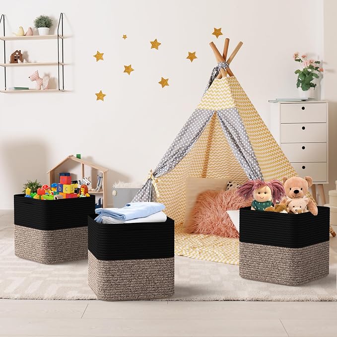 Storage Cotton Cubes 11 Inch, Woven Cotton Rope Storage Baskets for Toys Blanket Organizing, Storage Bins Decorative Organizer with Handles for Living Room Laundry Room Closet (3 Pack, Black Brown)