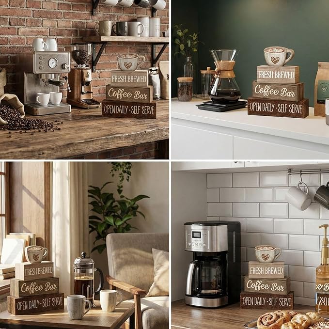 Moucuny 4 Pcs Coffee Bar Wooden Sign Decor Rustic Farmhouse Kitchen Table | Tiered Tray Centerpiece, Bar Supplies for Home, Self Serve Display, Station Decorations for Countertop, Rustic Gift