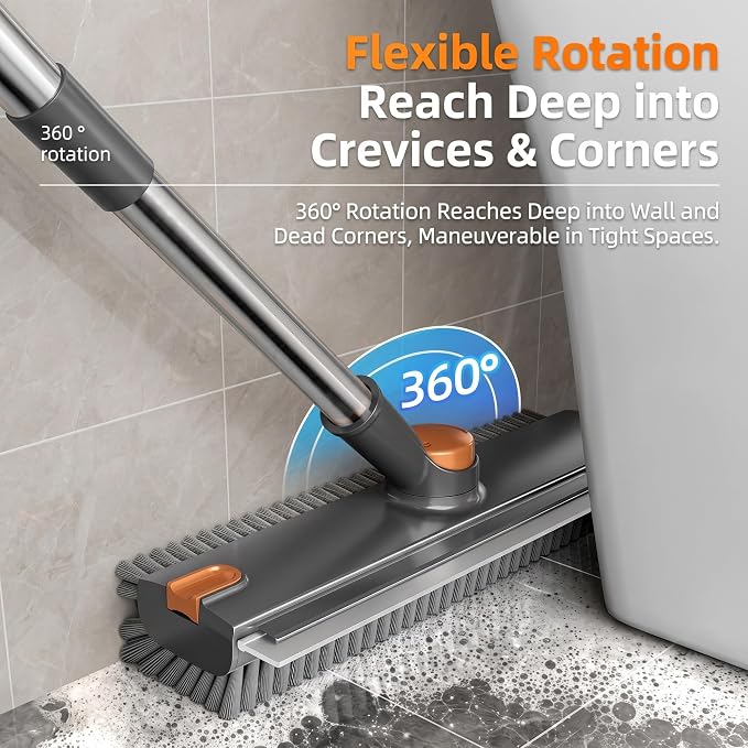 3-in-1 Floor Scrub Brush with Long Handle, Floor Scrubber with Squeegee Tweezers, Adjustable Heavy-Duty Stiff Bristle Cleaning Brush for Tile, Bathroom, Shower, Garage, Patio, Deck(White Grey)