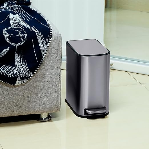 RED FACTOR Slim 1.3 Gallon Stainless Steel Pedal Trash Can with Soft Close Lid for Narrow Spaces – Small Wastebasket Bin with Removable Inner Bucket (Metallic Grey)